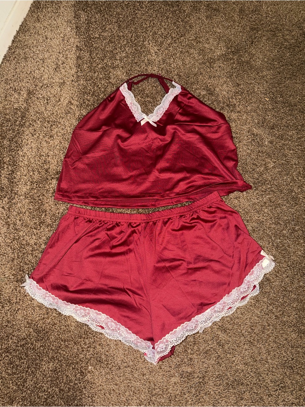 Women’s Satin Lace Trim Sleep Set - Burgundy